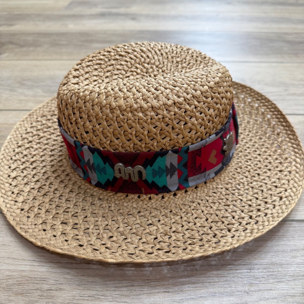 Vintage Southwestern Straw Boater Sun Hat Wide Brim Boho Charms Small 21in - Picture 6 of 13